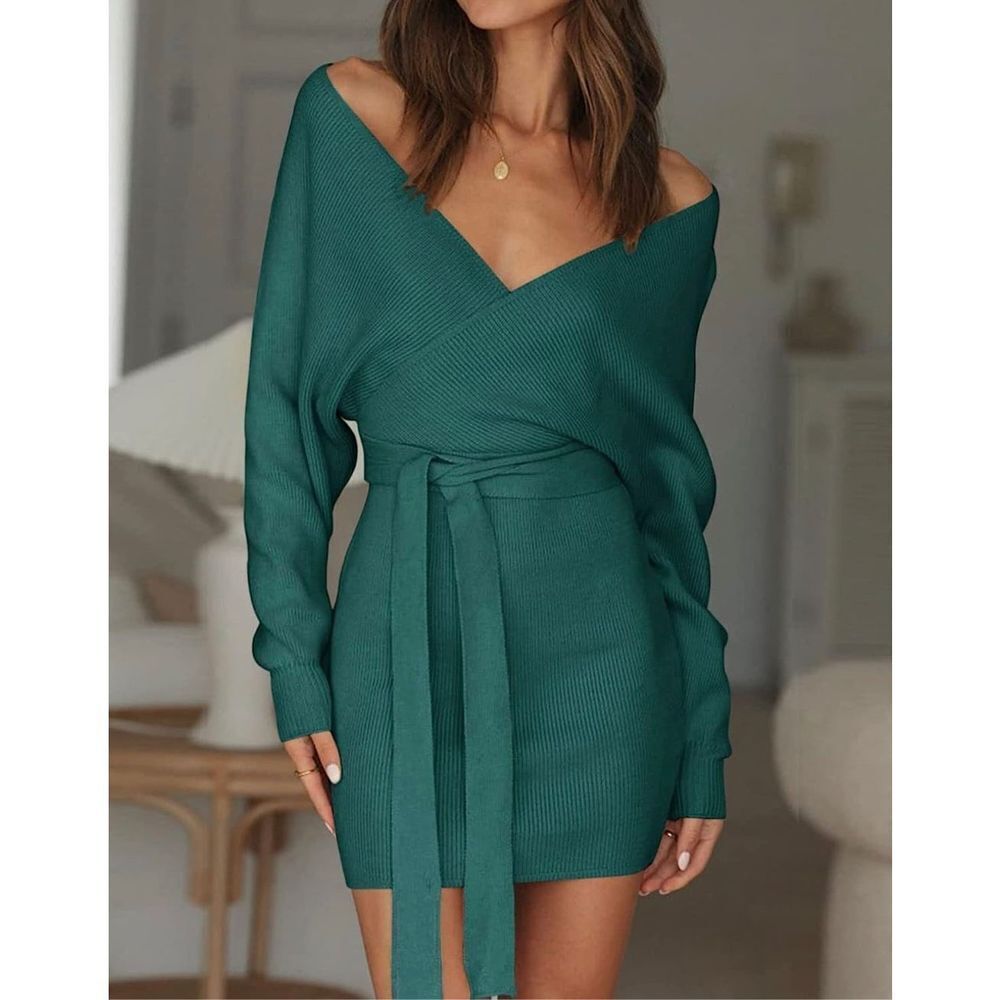 NEW Batwing Sleeve Wrap Knit Backless Pullover Sweater Dress M NO BELT